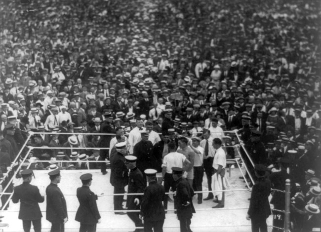 A fight involving one of the most famous and successful boxers of all time, Jack Dempsey. http://en.wikipedia.org/wiki/File:Jack_Dempsey_v_Georges_Carpentier_cph.3b35134.jpg