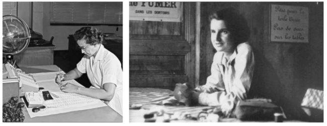 Picture of Katherine Johnson working as a computer at her desk and to the right, Rosalind Franklin at a science bench.